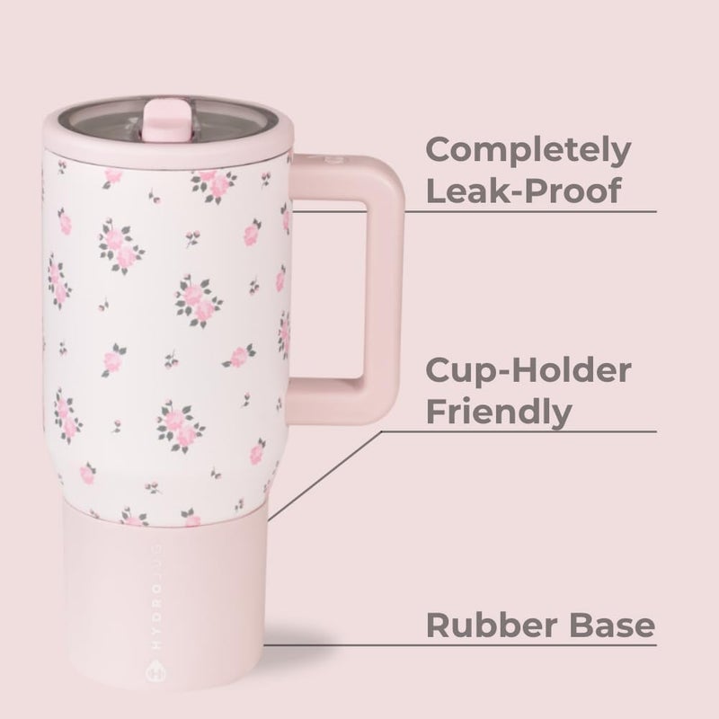 Hydro Jug زجاجة ماء للسفر - 20 أونصة مع مقبض وقشة قابلة للطي - تناسب حاملة الأكواب، كوب مقاوم للتسرب - قابلة لإعادة الاستخدام مع قاعدة من الفولاذ المقاوم للصدأ والمطاط - هدايا للنساء والرجال، وايلد روز - Image 1